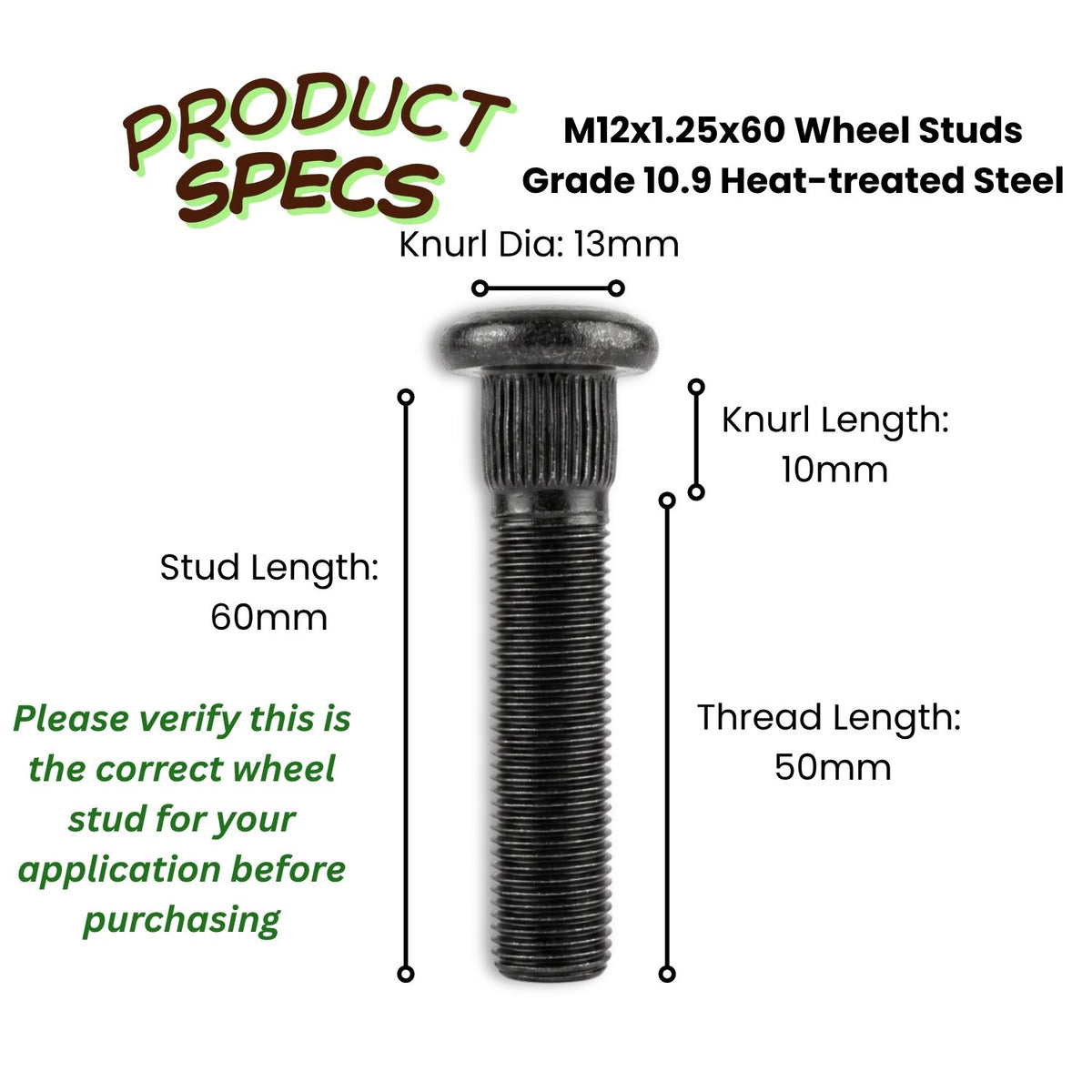 M12x1.25 Extended Wheel Stud | 60mm Length & 13mm Knurl | High-Tensile Motorsport & Spacer Replacement