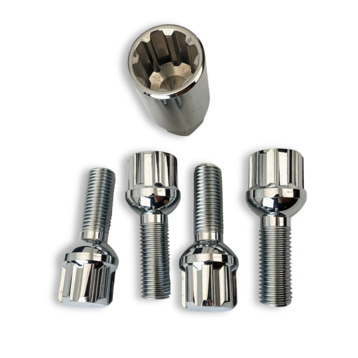 M12x1.5 Lock Security Wheel Bolts | Ball Seat | 30mm Thread Length | Chrome Plated (Set of 4 + Key)