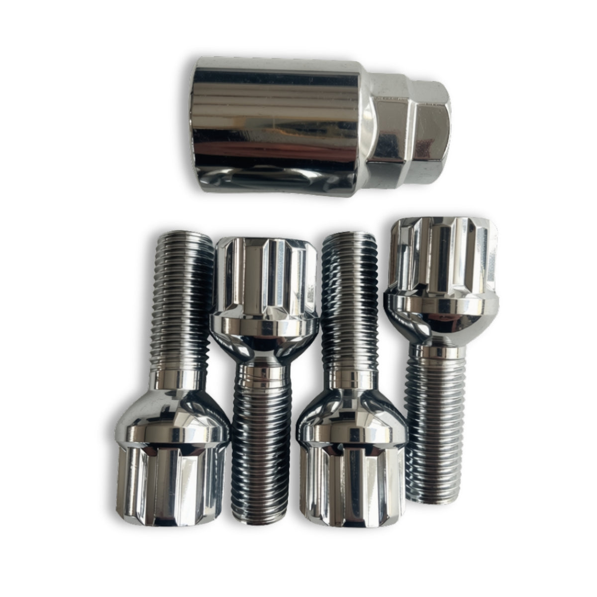 M12x1.5 Lock Security Wheel Bolts | Ball Seat | 30mm Thread Length | Chrome Plated (Set of 4 + Key)