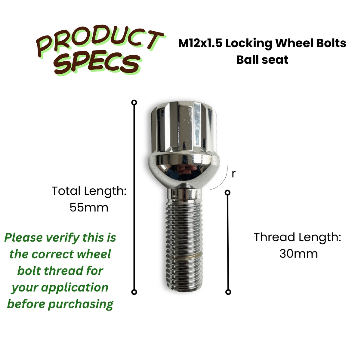 M12x1.5 Lock Security Wheel Bolts | Ball Seat | 30mm Thread Length | Chrome Plated (Set of 4 + Key)