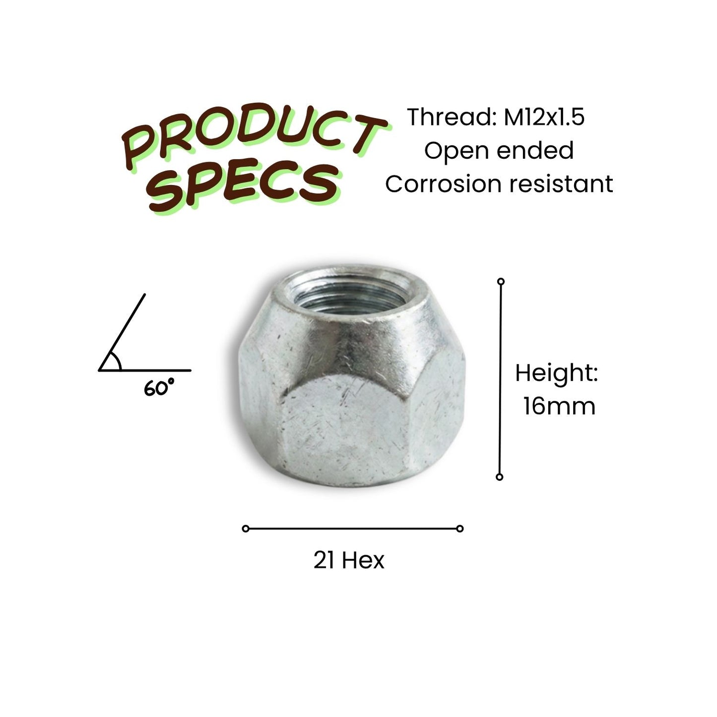 M12x1.5 Conical Open End Wheel Nut (21mm Hex - Zinc Plated)