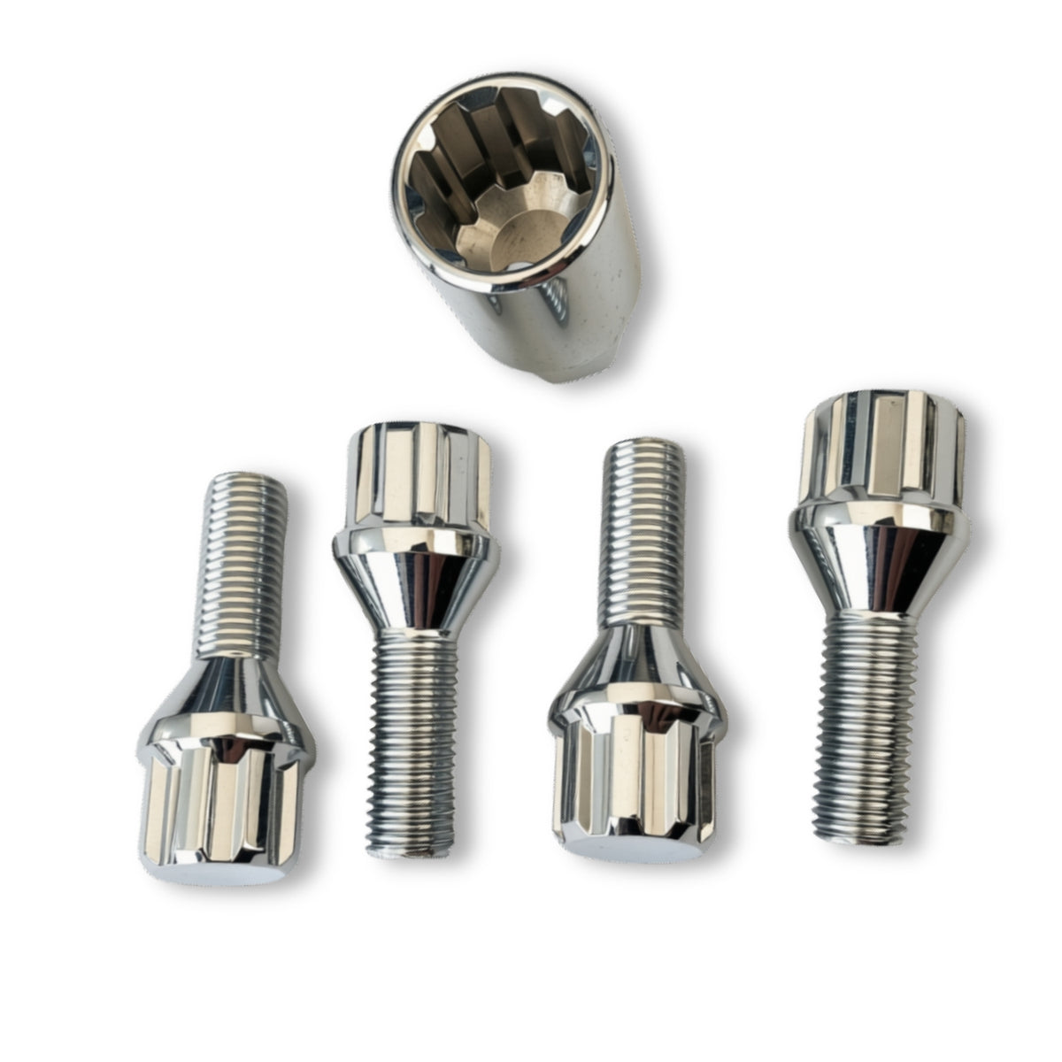 M12x1.5 Lock Security Wheel Bolts | Cone Seat | 28mm Thread Length | Chrome Plated (Set of 4 + Key)