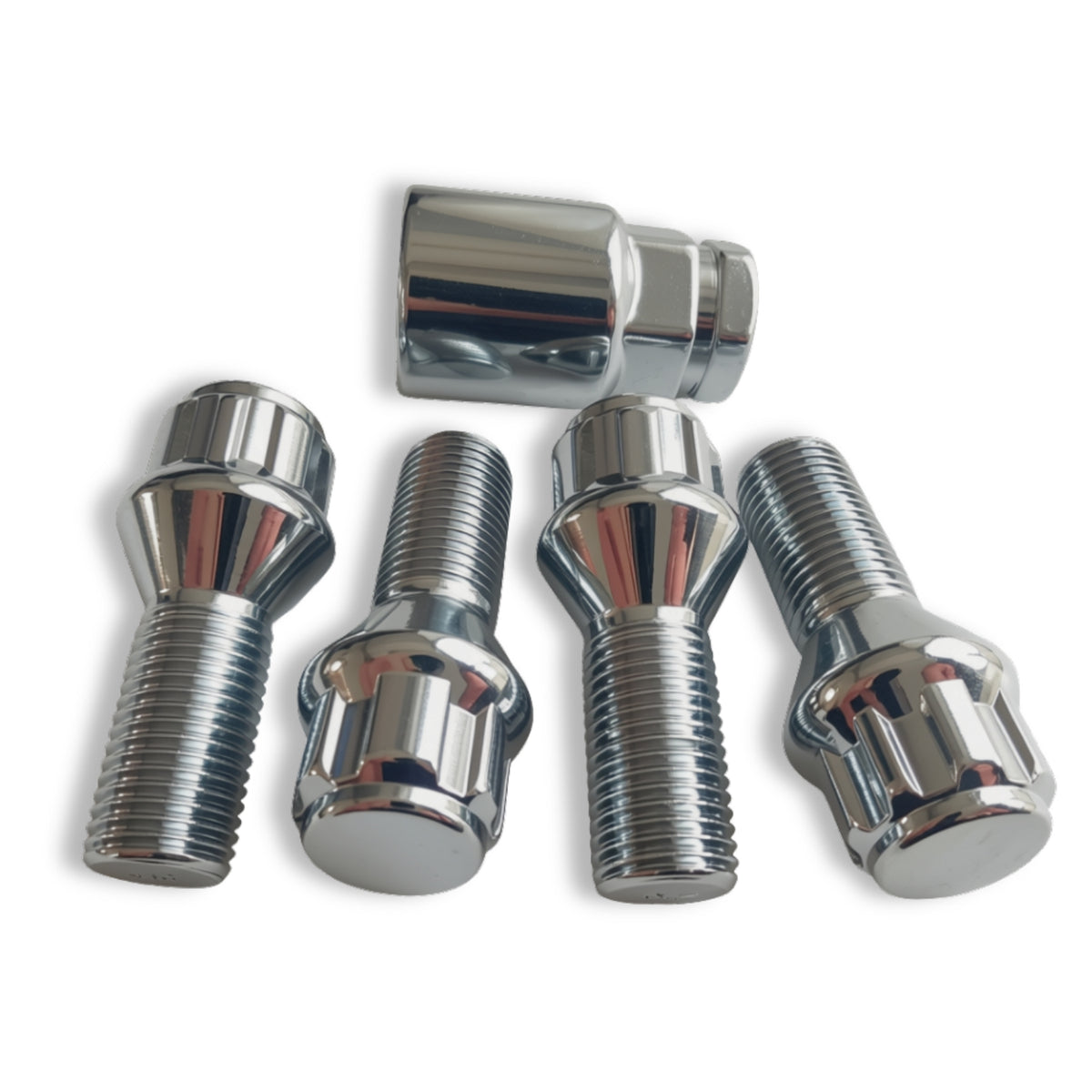 M12x1.5 Lock Security Wheel Bolts | Cone Seat | 28mm Thread Length | Chrome Plated (Set of 4 + Key)