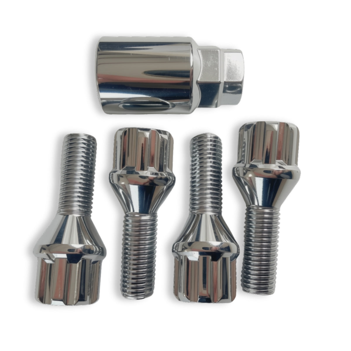 M12x1.5 Lock Security Wheel Bolts | Cone Seat | 28mm Thread Length | Chrome Plated (Set of 4 + Key)