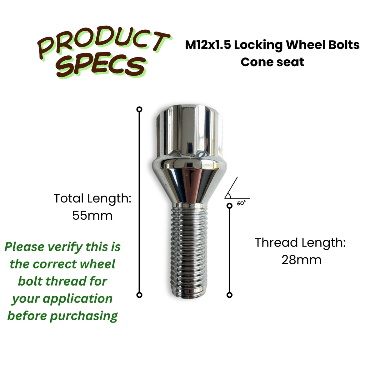 M12x1.5 Lock Security Wheel Bolts | Cone Seat | 28mm Thread Length | Chrome Plated (Set of 4 + Key)
