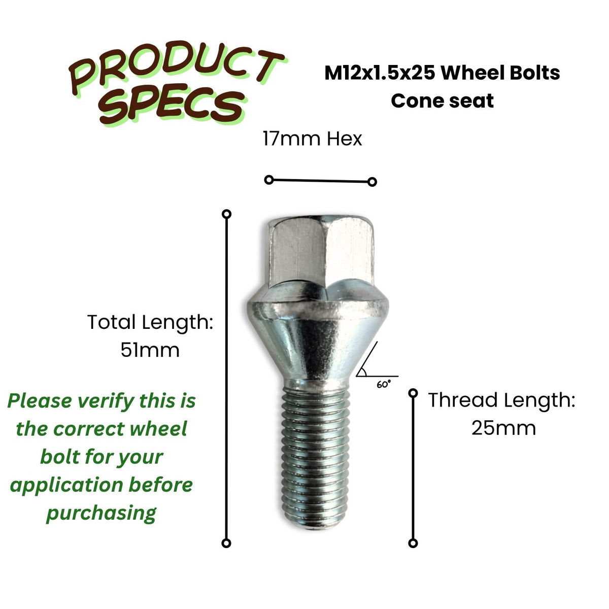 M12x1.5 Cone Seat Wheel Bolt | 25mm Thread Length | 17mm Hex | Silver Zinc Plated