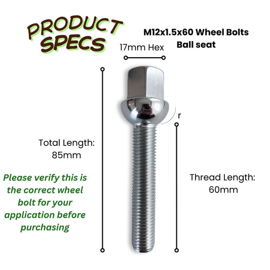 M12x1.5 Ball Seat Extended Wheel Bolt | 60mm Thread Length | 17mm Hex | Silver Zinc Plated