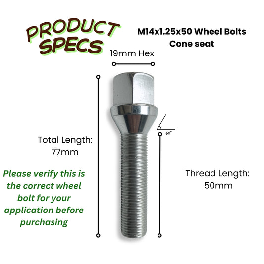 M14x1.25 Extended Cone Seat Wheel Bolt | 50mm Thread Length | 19mm Hex | Silver Zinc Plated