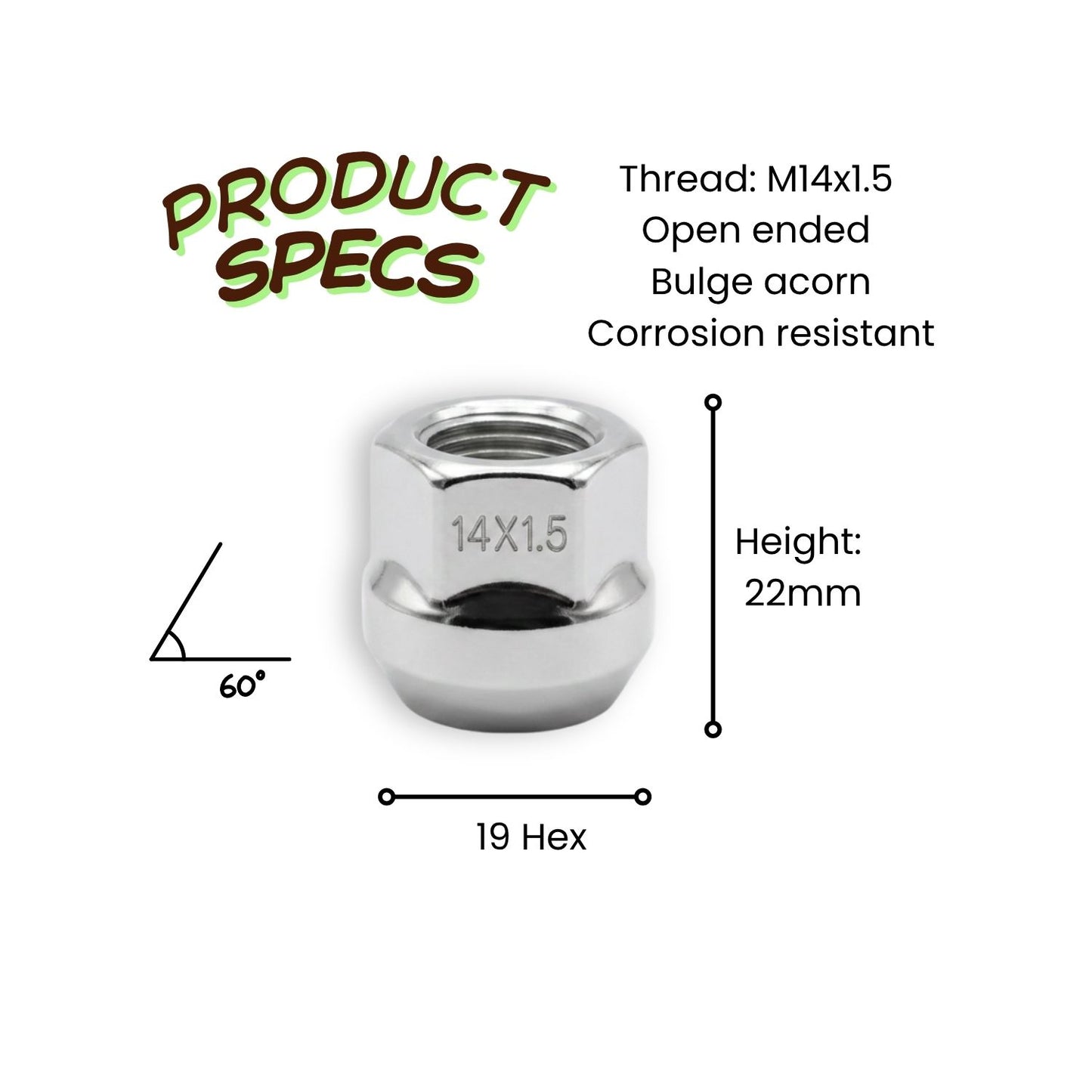 M14x1.5 Bulge Acorn Open End Mag Wheel Nut (19mm Hex)