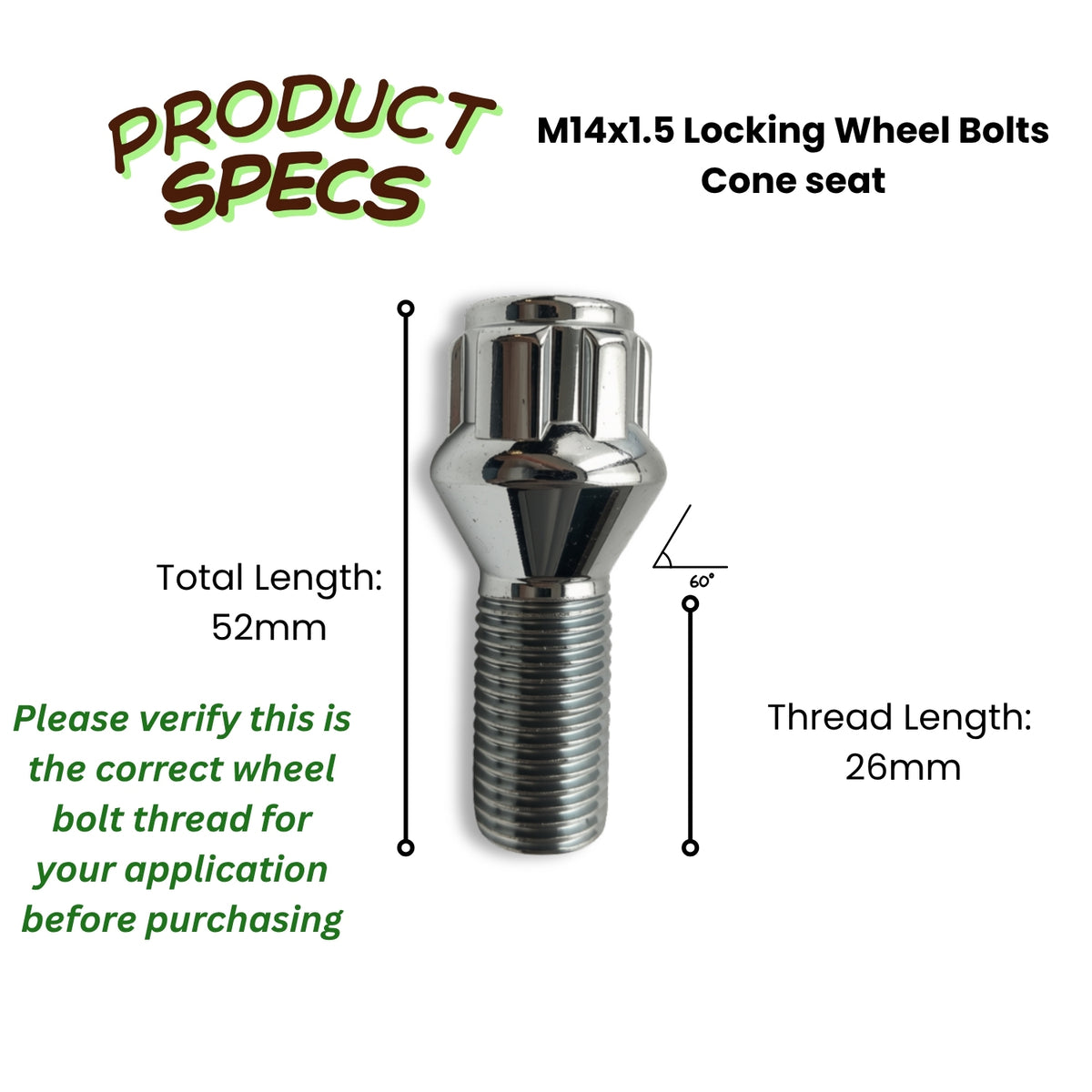 M14x1.5 Lock Security Wheel Bolts | Cone Seat | 26mm Thread Length | Chrome Plated (Set of 4 + Key)