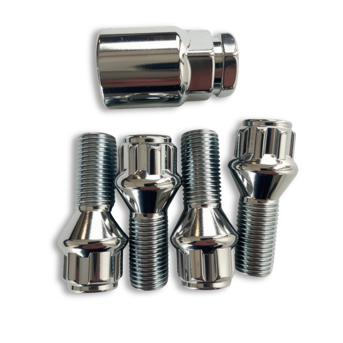 M14x1.5 Lock Security Wheel Bolts | Cone Seat | 26mm Thread Length | Chrome Plated (Set of 4 + Key)