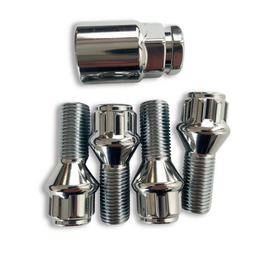 M14x1.5 Lock Security Wheel Bolts | Cone Seat | 26mm Thread Length | Chrome Plated (Set of 4 + Key)