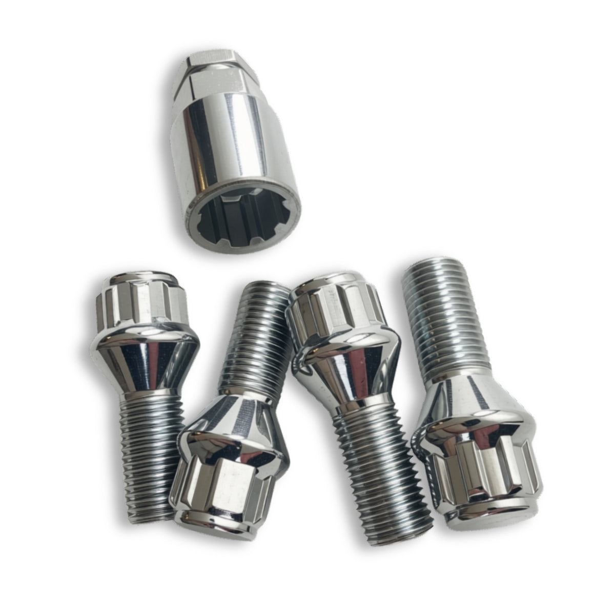 M14x1.5 Lock Security Wheel Bolts | Cone Seat | 26mm Thread Length | Chrome Plated (Set of 4 + Key)