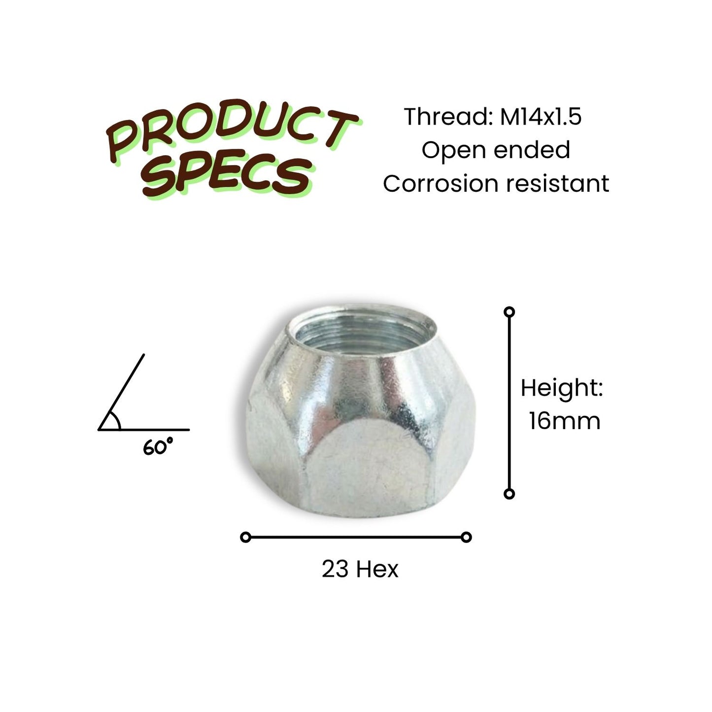 M14x1.5 Conical Open End Wheel Nut (Oversized 23mm Hex - Zinc Plated)