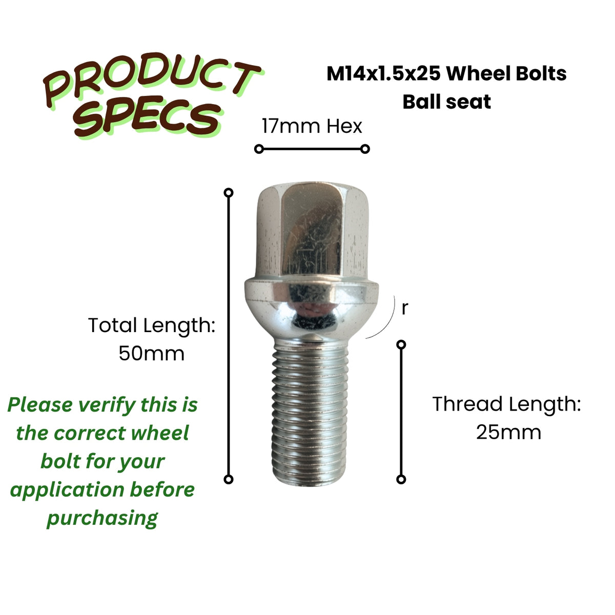 M14x1.5 Ball Seat Wheel Bolt | 25mm Thread Length | 17mm Hex | Silver Zinc Plated