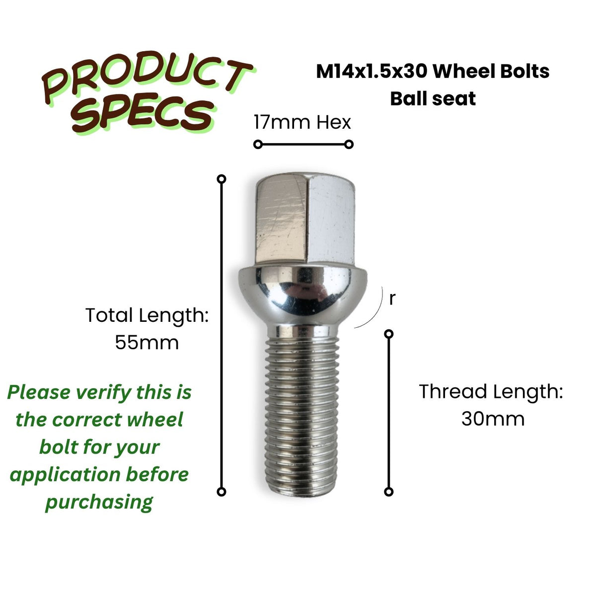 M14x1.5 Ball Seat Wheel Bolt | 30mm Thread Length | 17mm Hex | Silver Zinc Plated