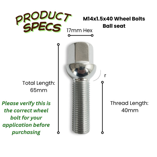 M14x1.5 Ball Seat Extended Wheel Bolt | 40mm Thread Length | 17mm Hex | Silver Zinc Plated