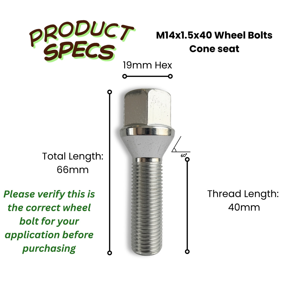 M14x1.5 Extended Cone Seat Wheel Bolt | 40mm Thread Length | 19mm Hex | Silver Zinc Plated