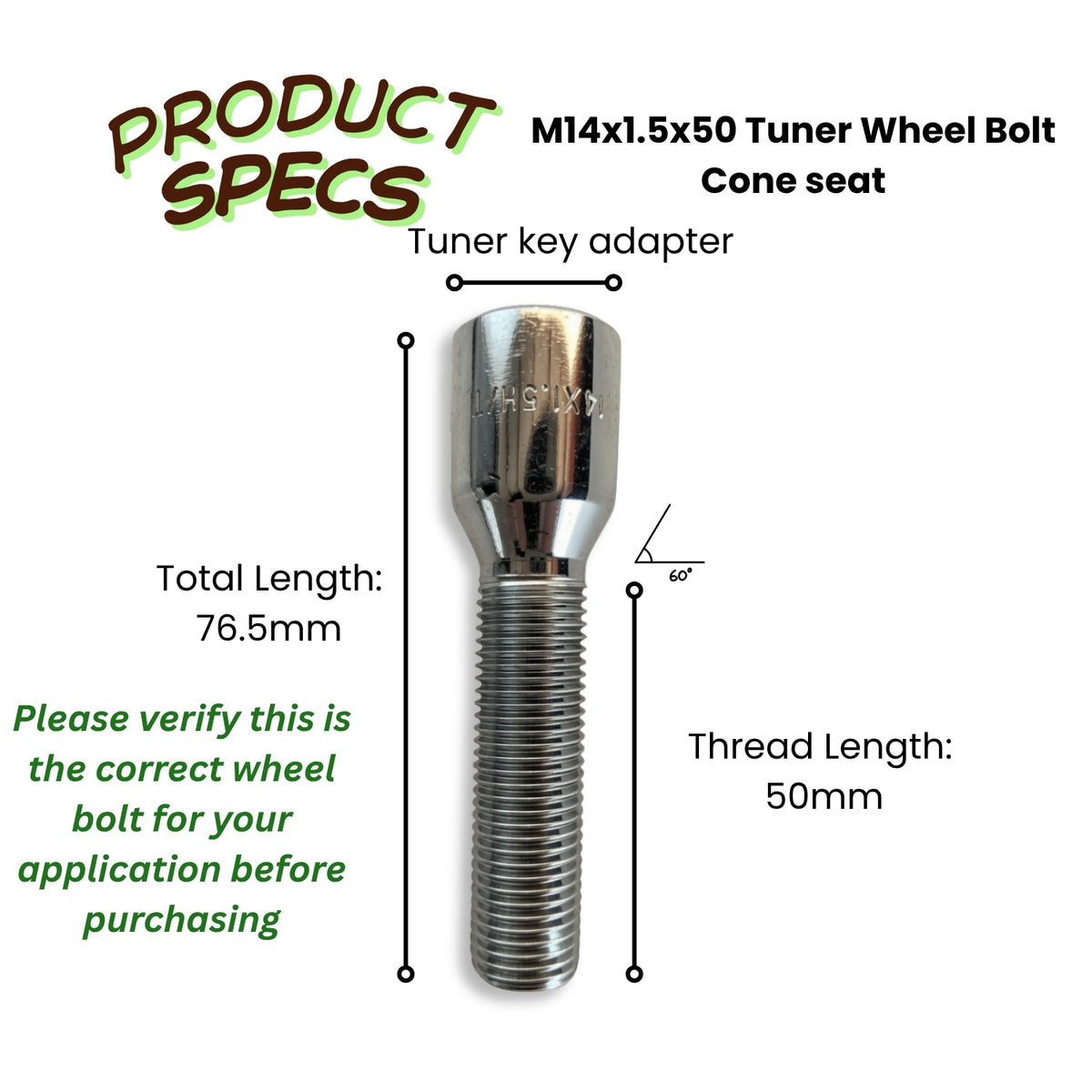 M14x1.5 Extra-Long Tuner Wheel Bolt | 50mm Thread Length | Slim Head (20mm OD) | Cone Seat | Chromed