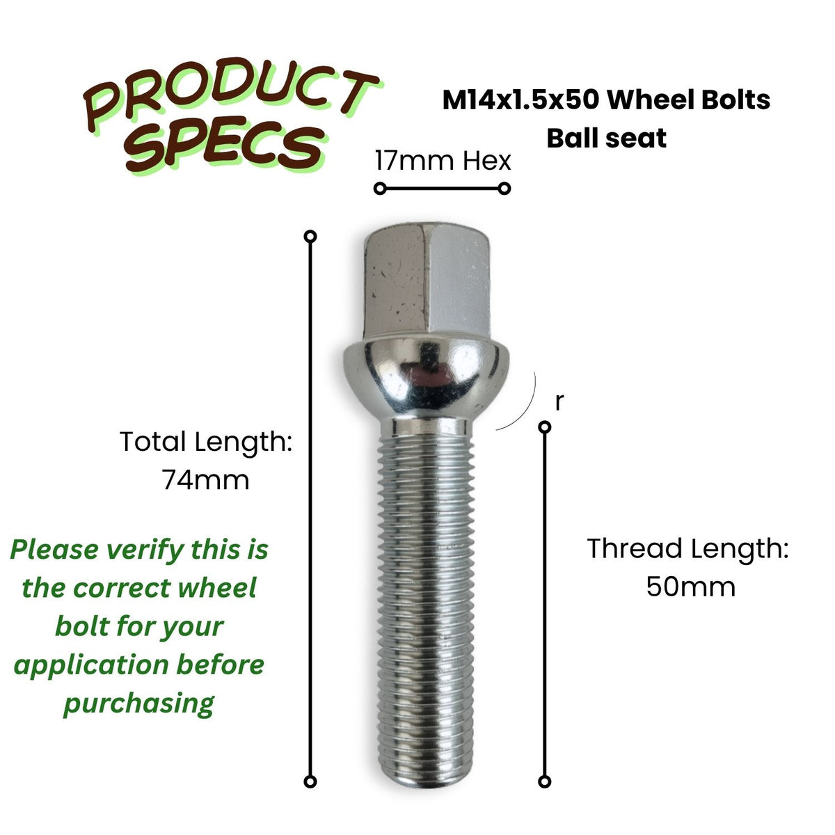 M14x1.5 Ball Seat Extended Wheel Bolt | 50mm Thread Length | 17mm Hex | Silver Zinc Plated