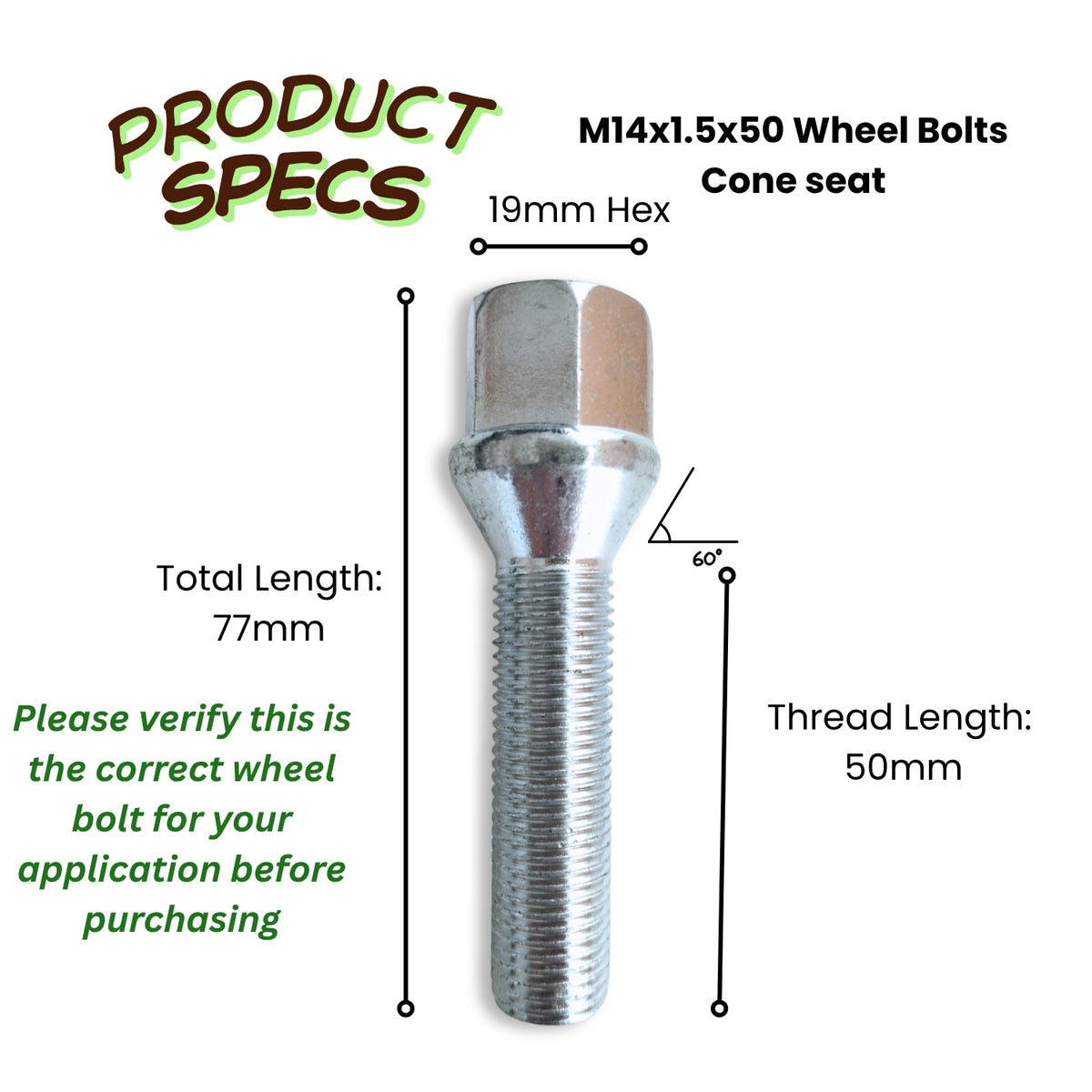 M14x1.5 Extra-Long Cone Seat Wheel Bolt | 50mm Thread Length | 19mm Hex | Silver Zinc Plated