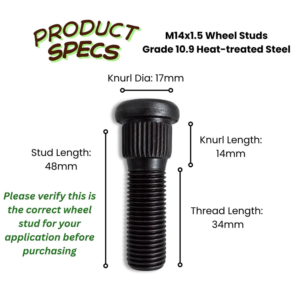 M14x1.5 Wheel Stud | 48mm Length & 17mm Knurl | High-Tensile Steel Replacement
