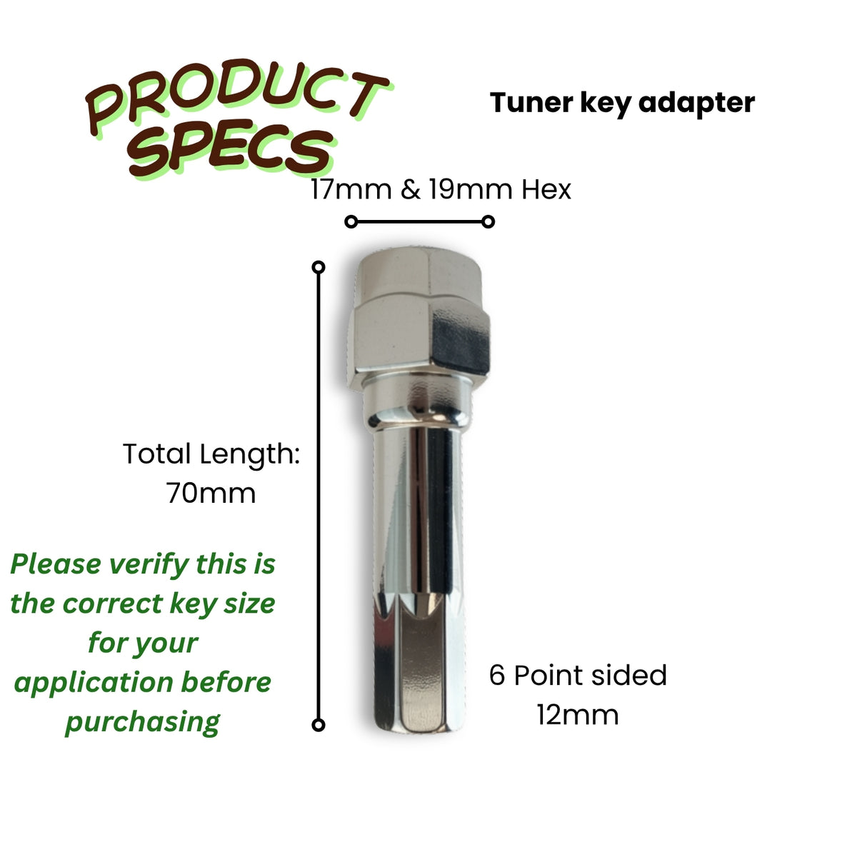 Tuner Key Adapter 6 Point 12mm | Dual Socket Drive (17mm & 19mm Hex) | Silver Zinc Plated