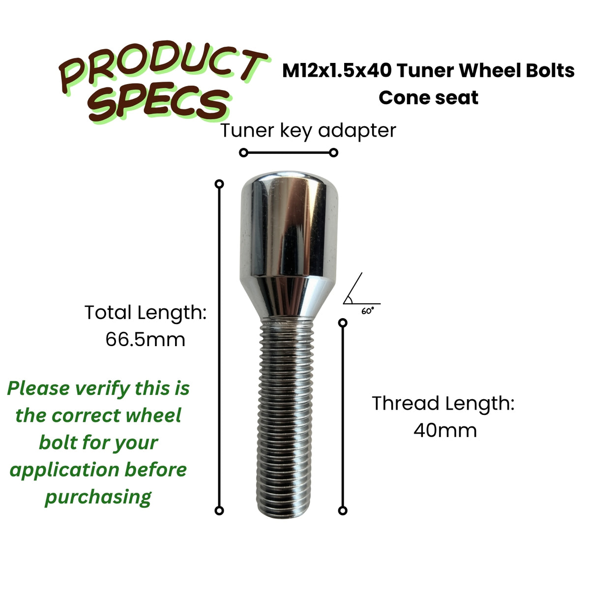 M12x1.5 Extended Tuner Wheel Bolt | 40mm Thread Length | Slim Head (20mm OD) | Cone Seat | Chromed