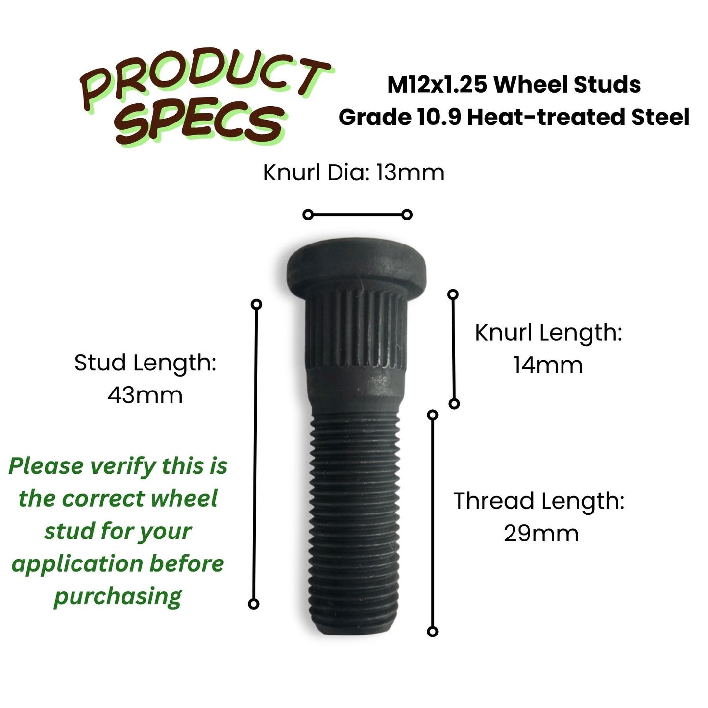 M12x1.25 Wheel Stud | 43mm Length & 13mm Knurl | High-Tensile Steel Replacement